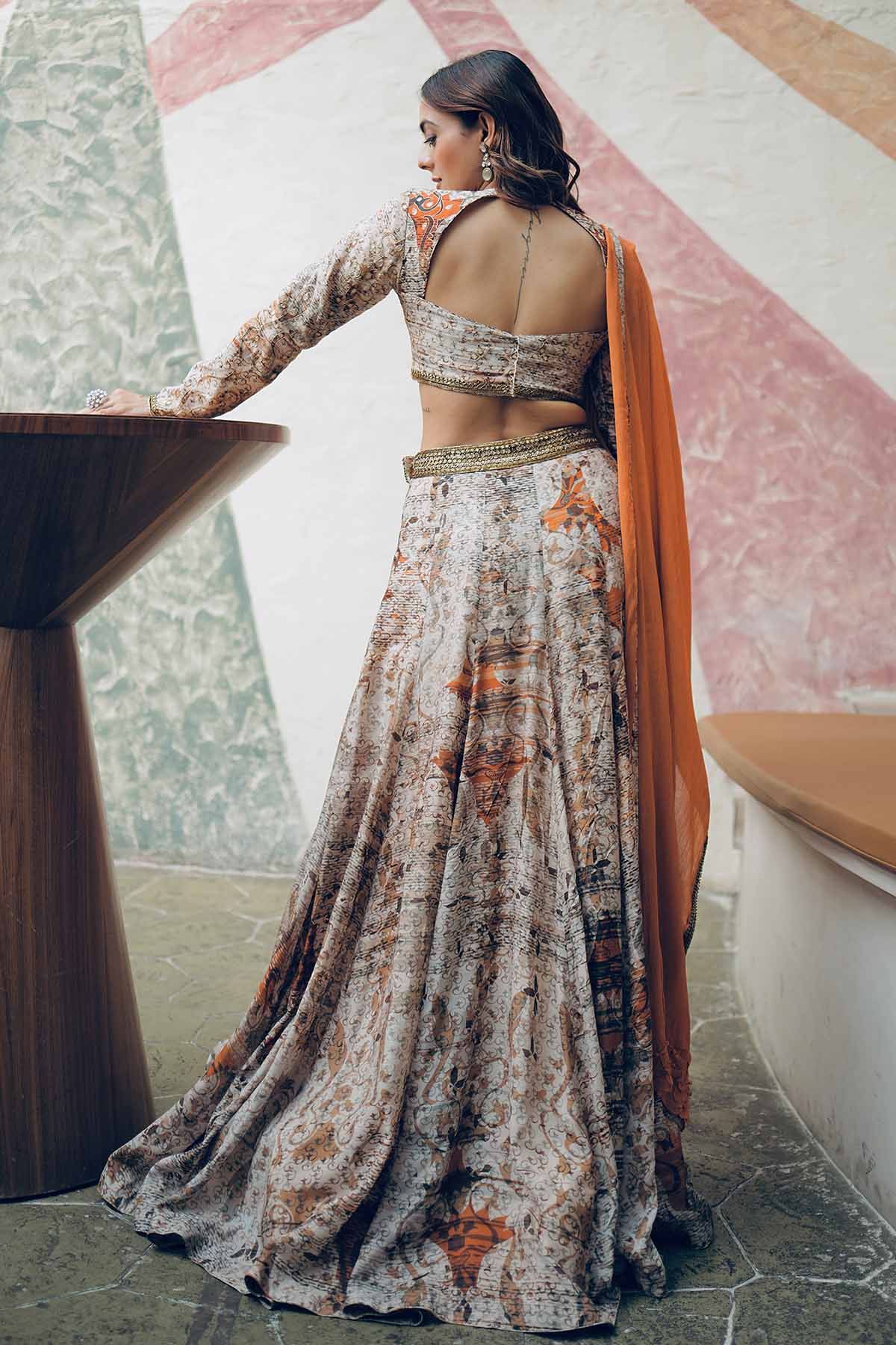 Brown Viscose Print Lehenga Set