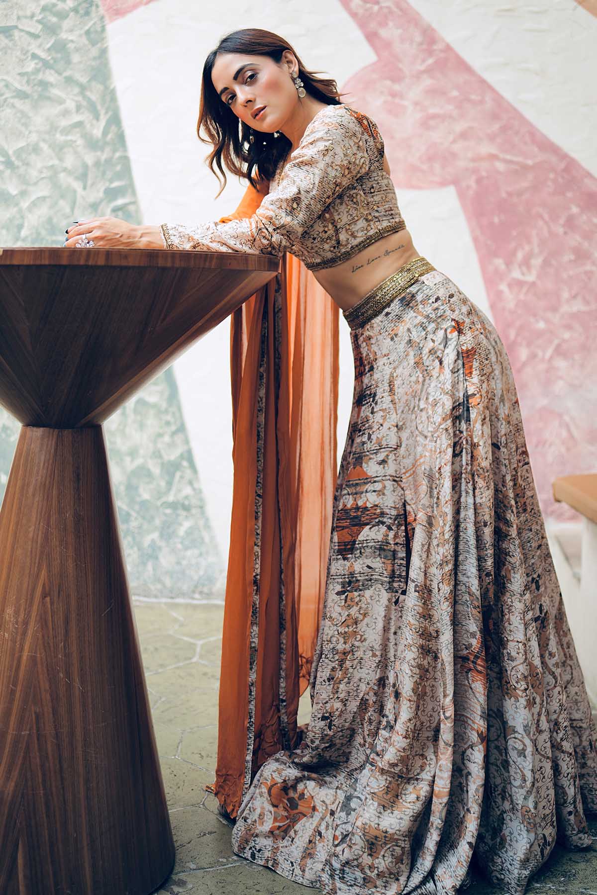 Brown Viscose Print Lehenga Set