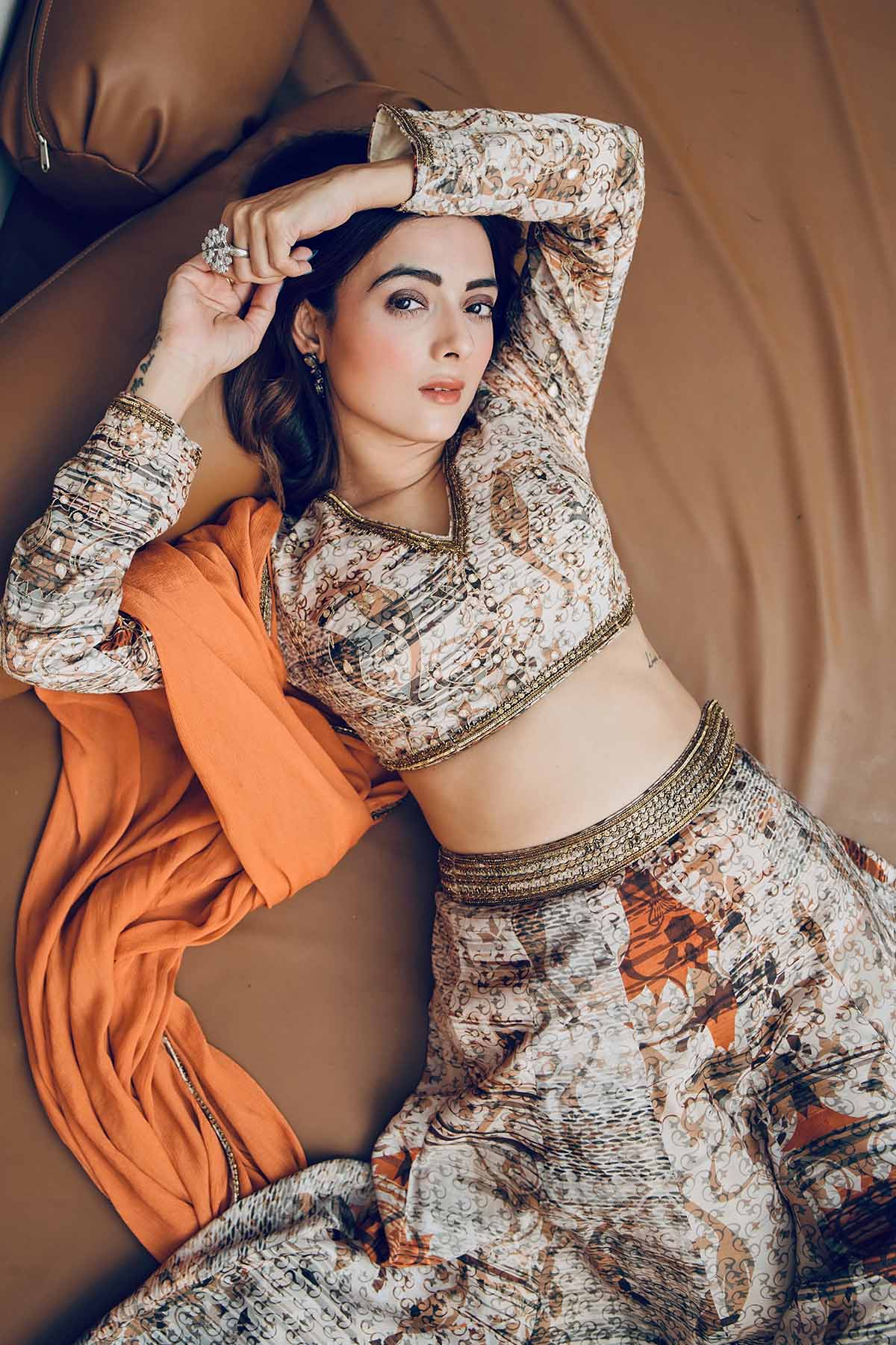 Brown Viscose Print Lehenga Set