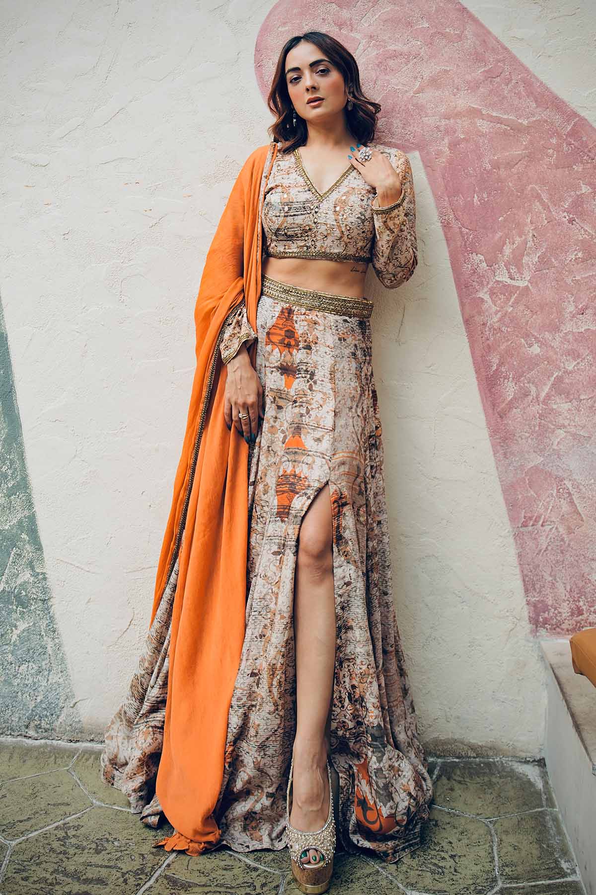 Buy Brown Viscose Print Lehenga Set by Koswi for women online at ScrollnShops