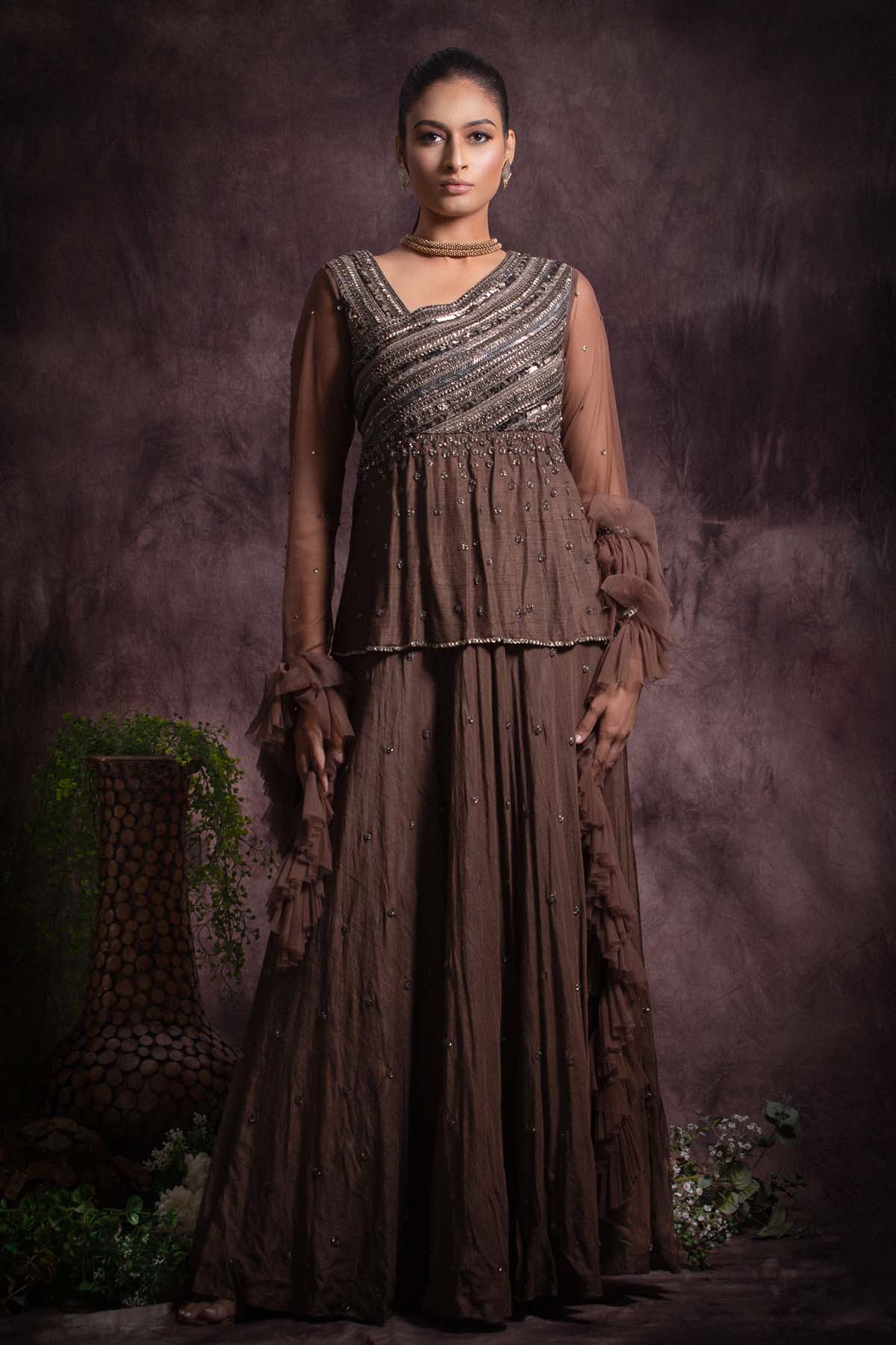 Brown Viscose Silk Gown & Dupatta at ScrollnShops