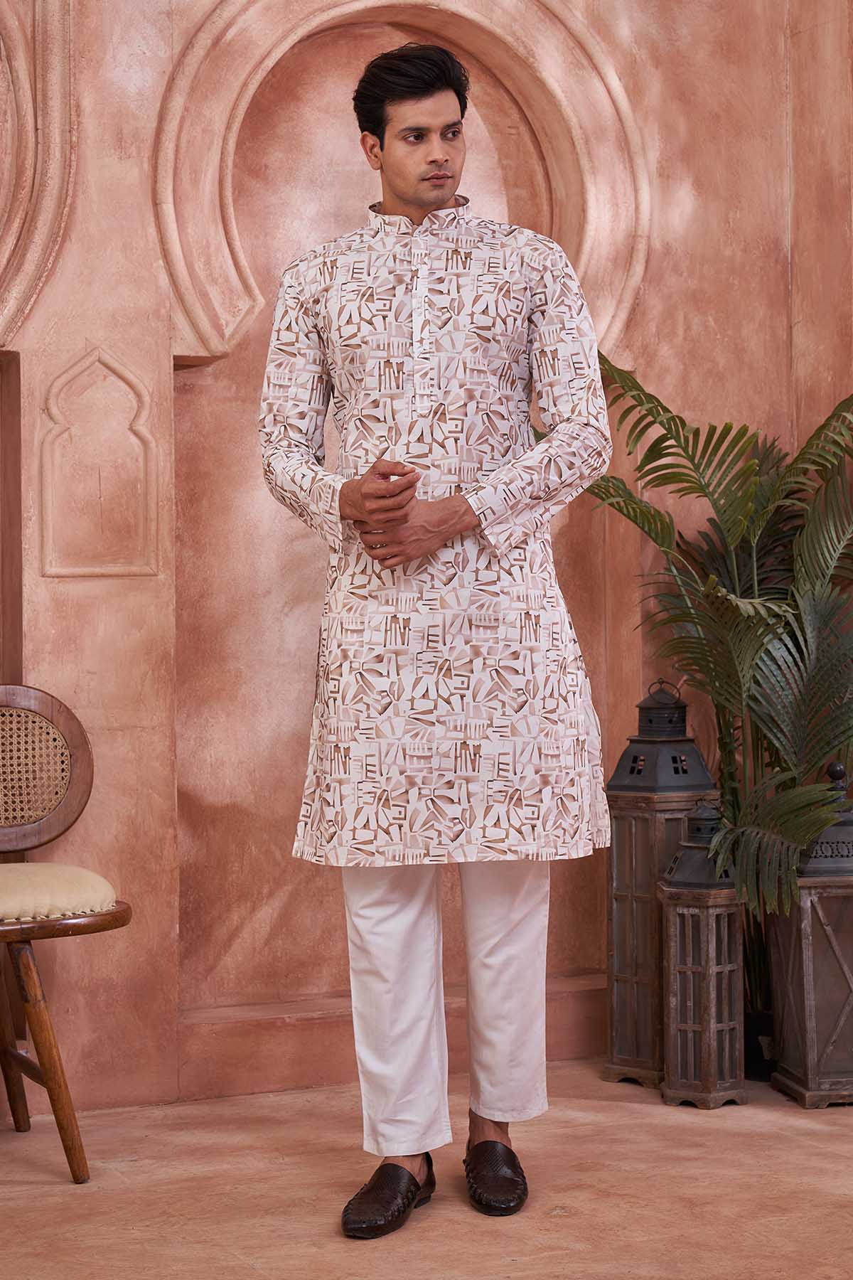 Buy Brown White Print Cotton Kurta by SNEHA B - Men for online at ScrollnShops