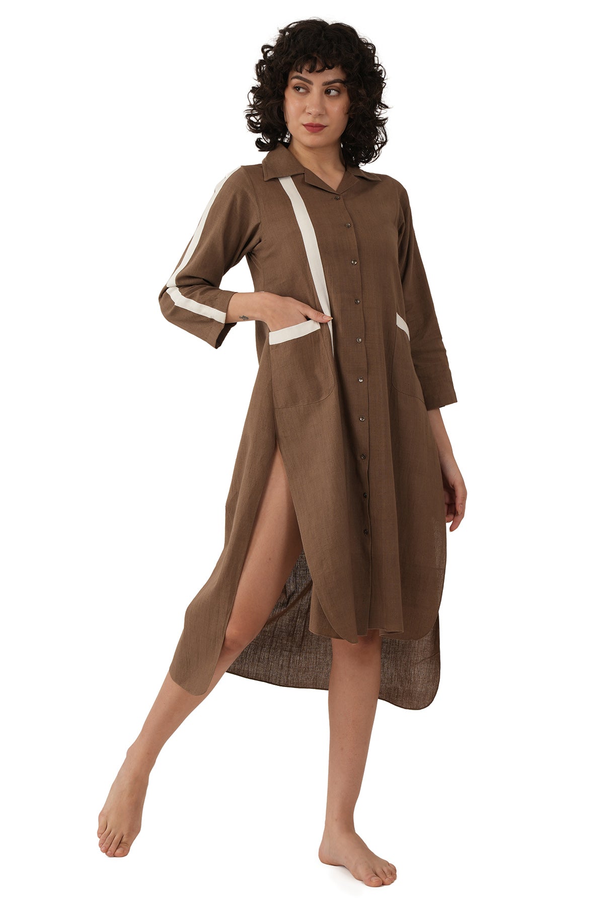 Brown Woven Cotton Midi Dress