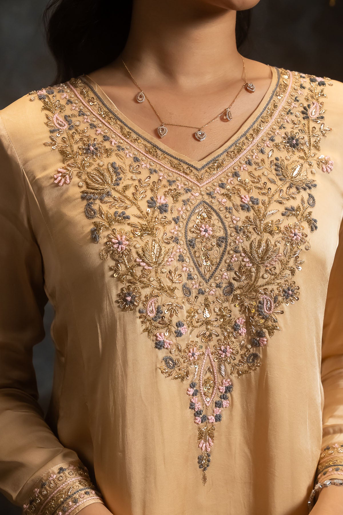Brown Yoke Embroidered Kurta Set
