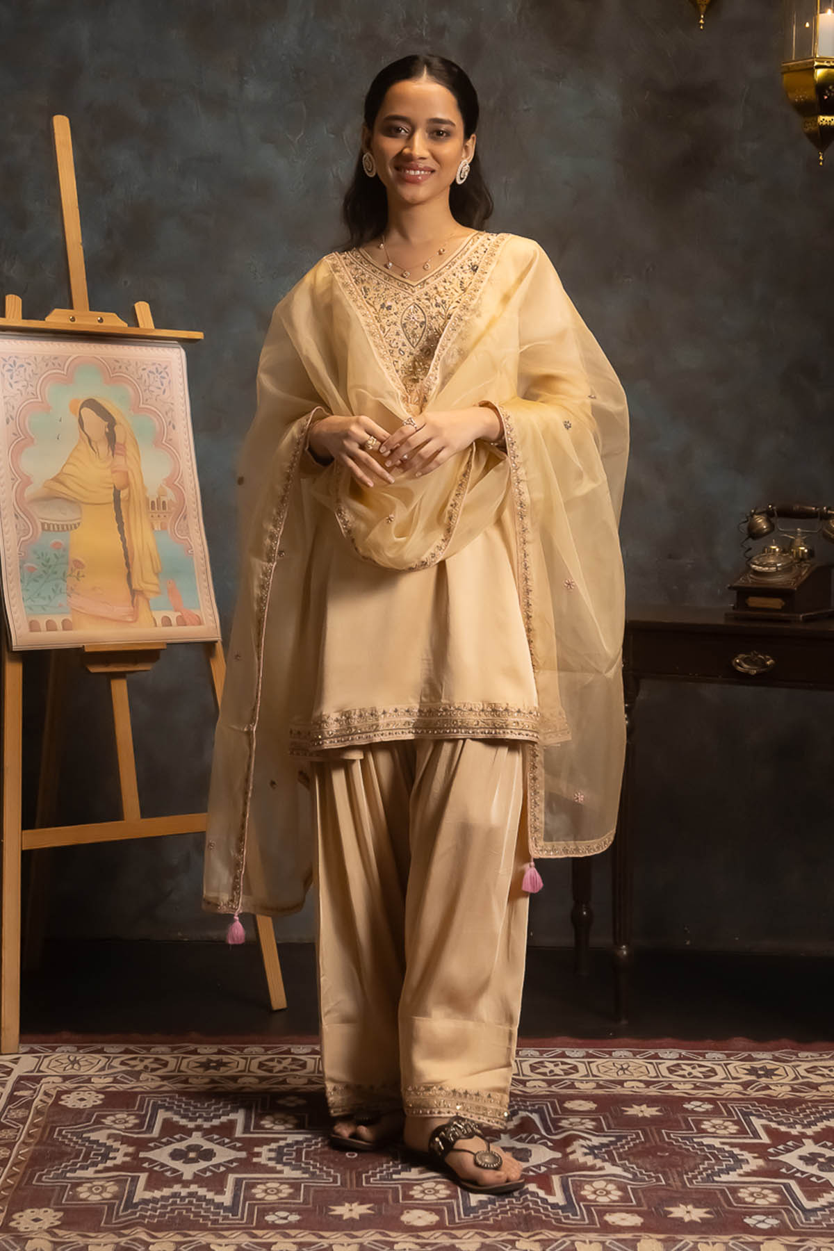 Brown Yoke Embroidered Kurta Set