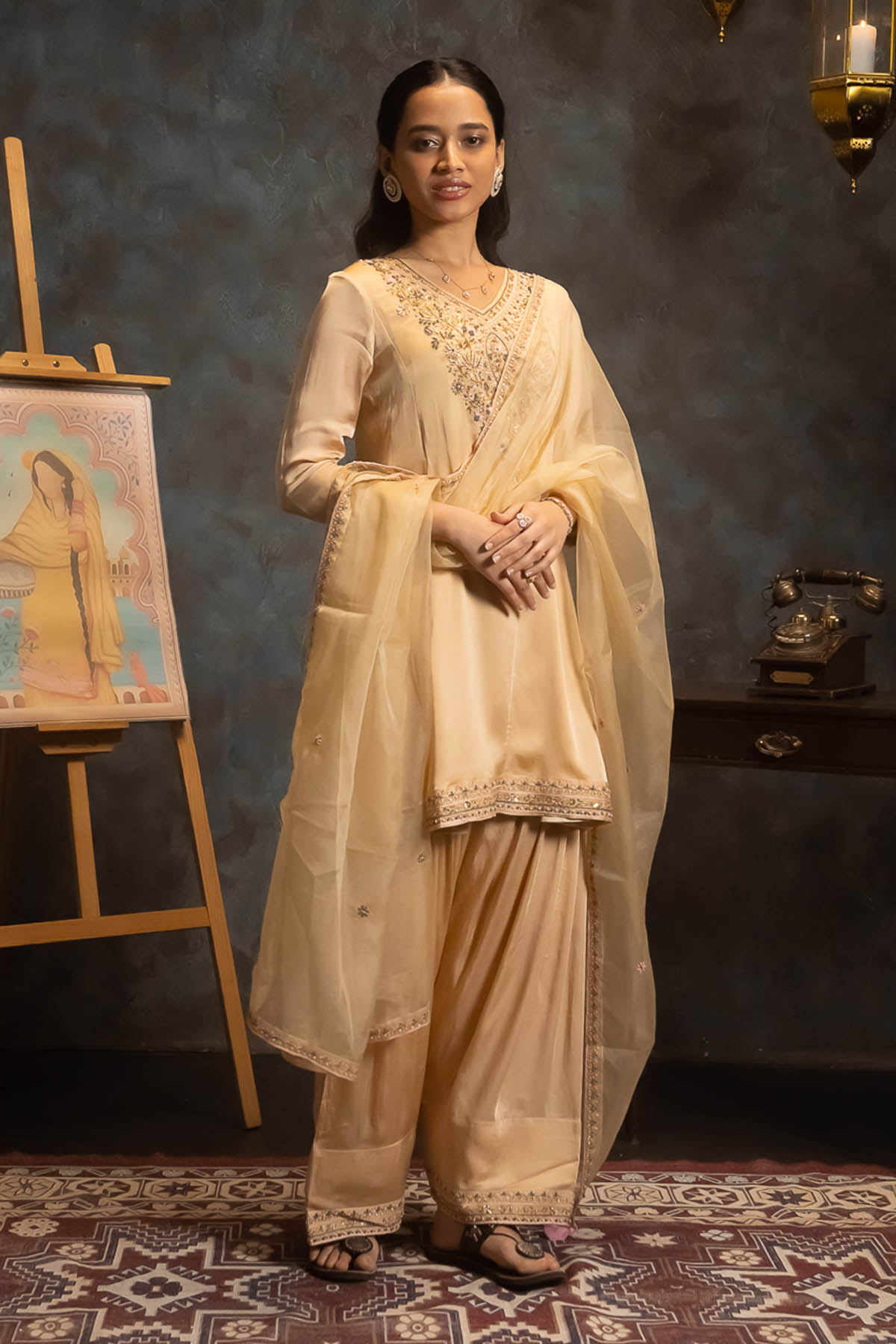 Brown Yoke Embroidered Kurta Set