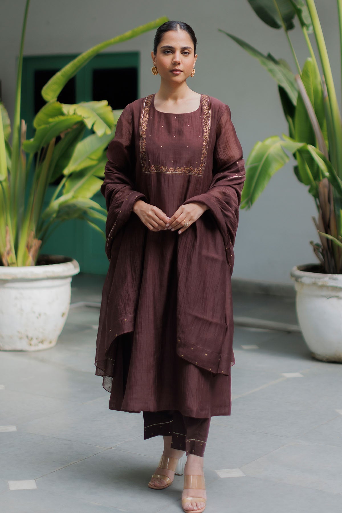 Buy Brown Zari Embroidered Kurta Set by Silpaa for women online at ScrollnShops