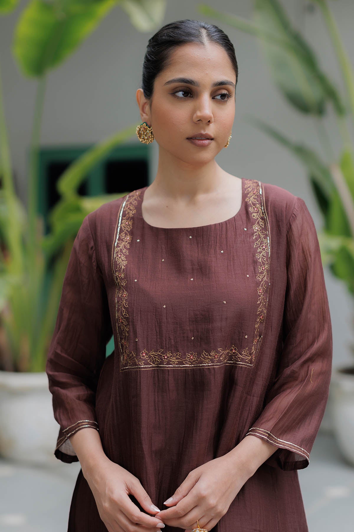 Brown Zari Embroidered Kurta Set
