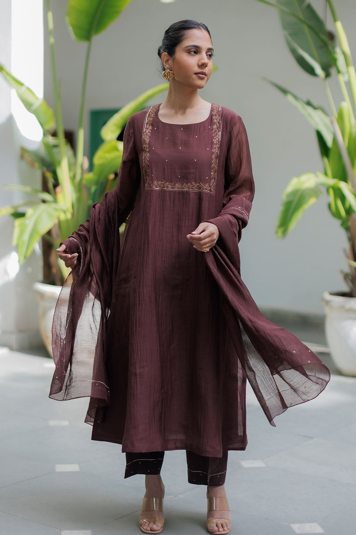 Brown Zari Embroidered Kurta Set