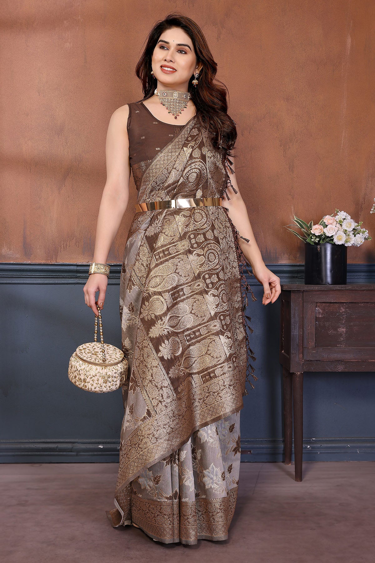 Brown Zari Weave Tassel Saree