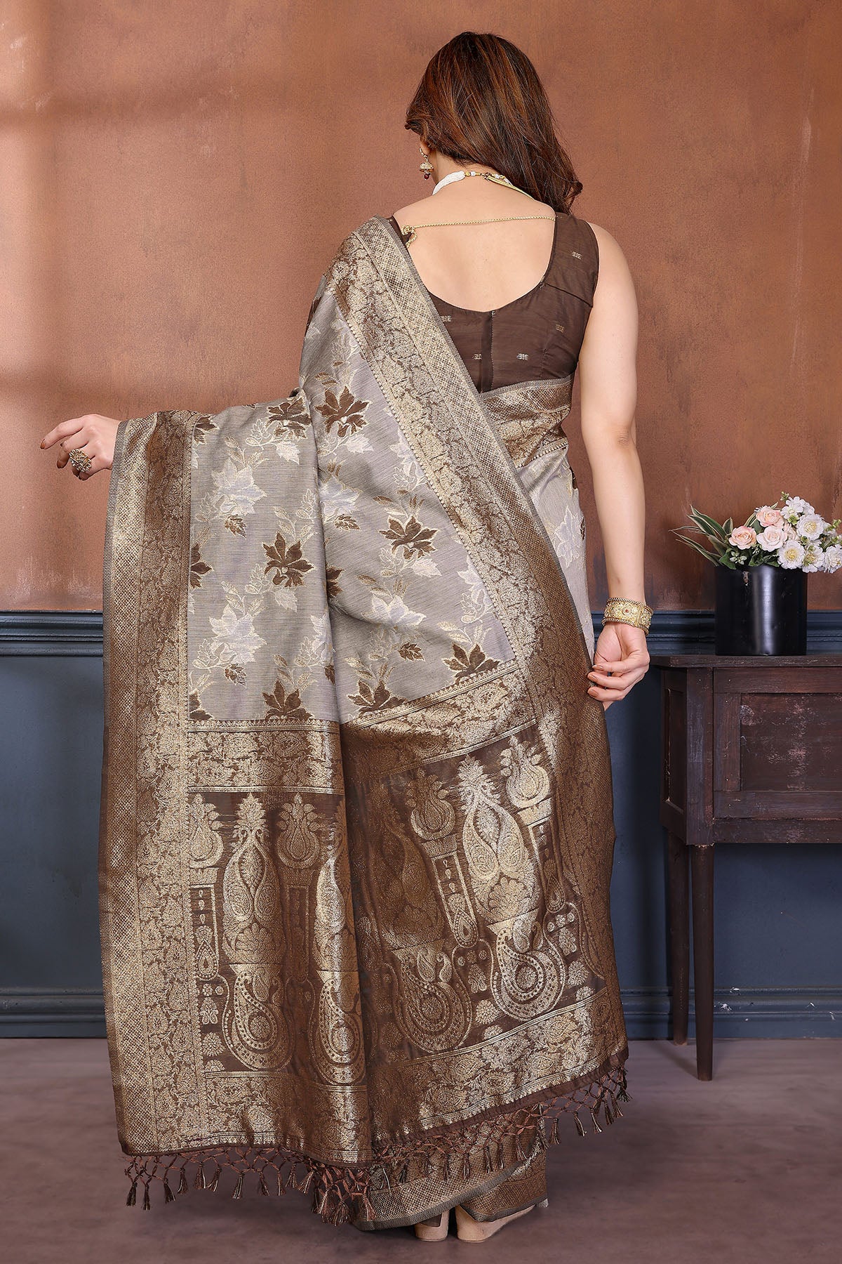 Brown Zari Weave Tassel Saree