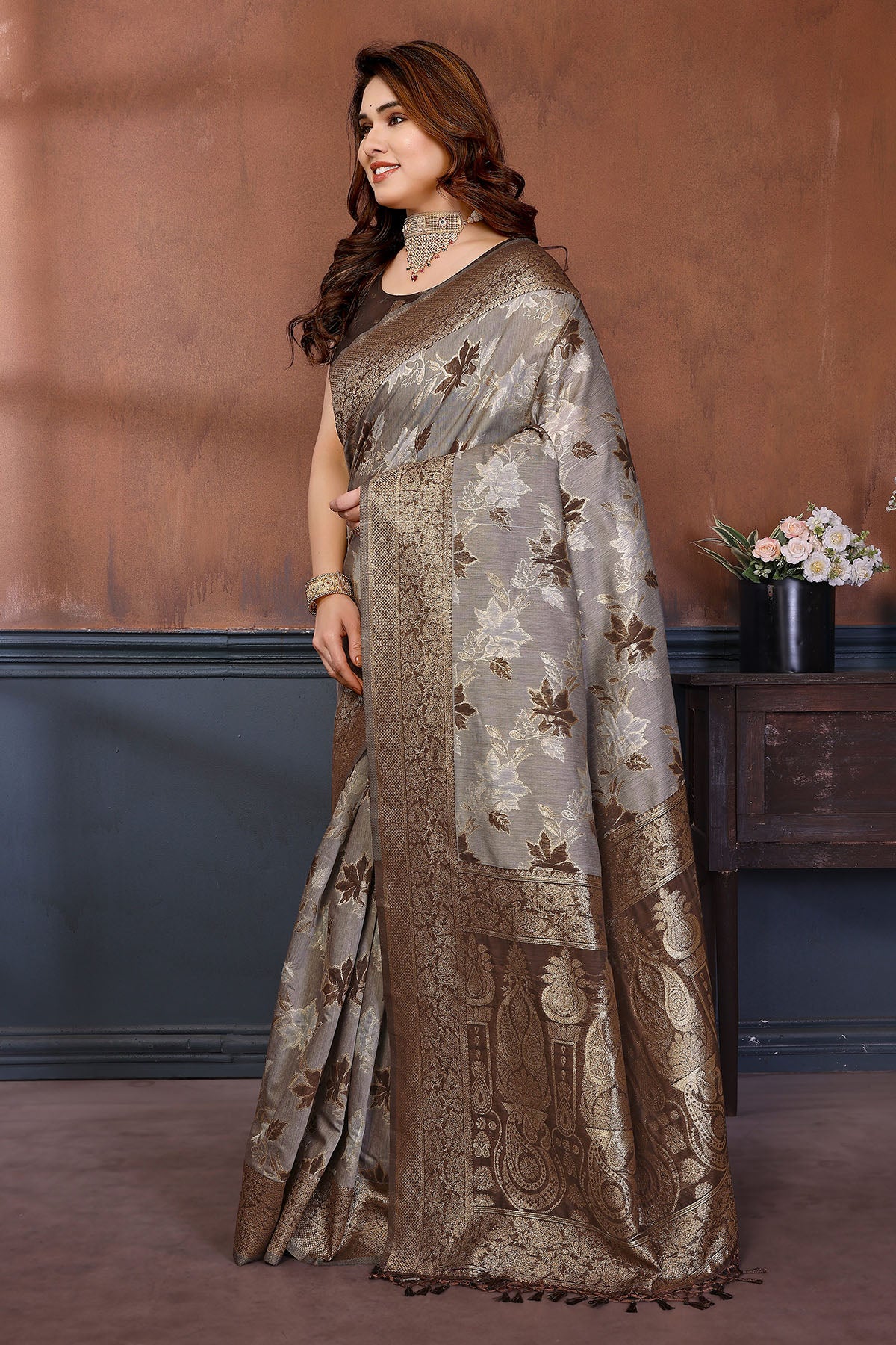 Brown Zari Weave Tassel Saree