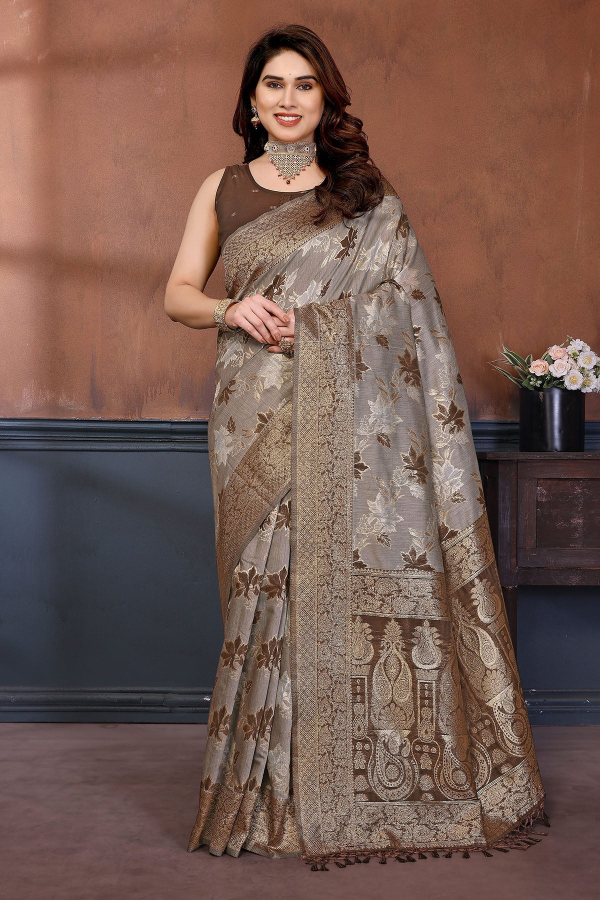 Buy Brown Zari Weave Tassel Saree for women by Aastha Fashion online available at scrollnshops