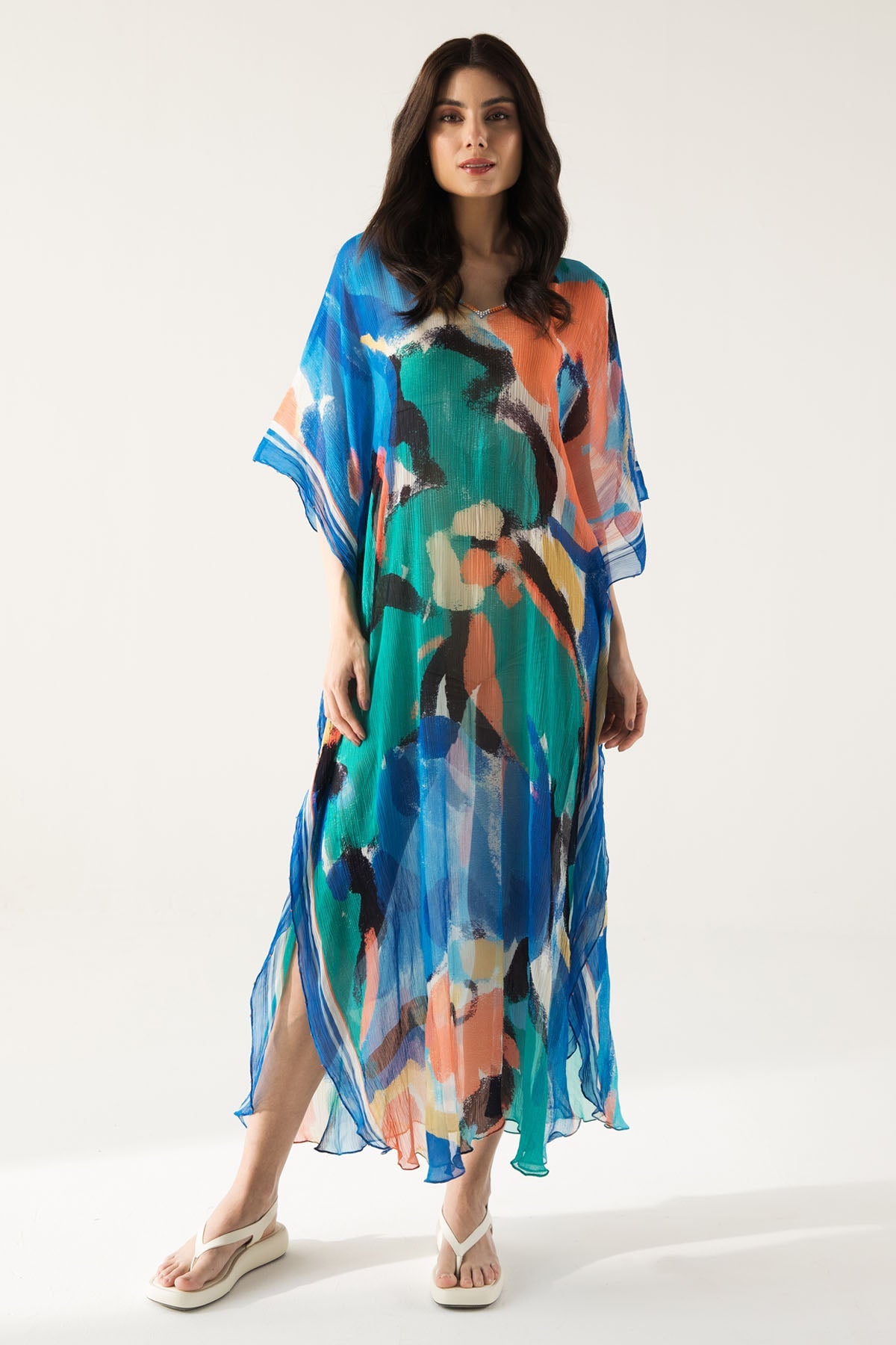 Reena Sharma Brushstroke Print Blue Kaftan For Women Online at ScrollnShops