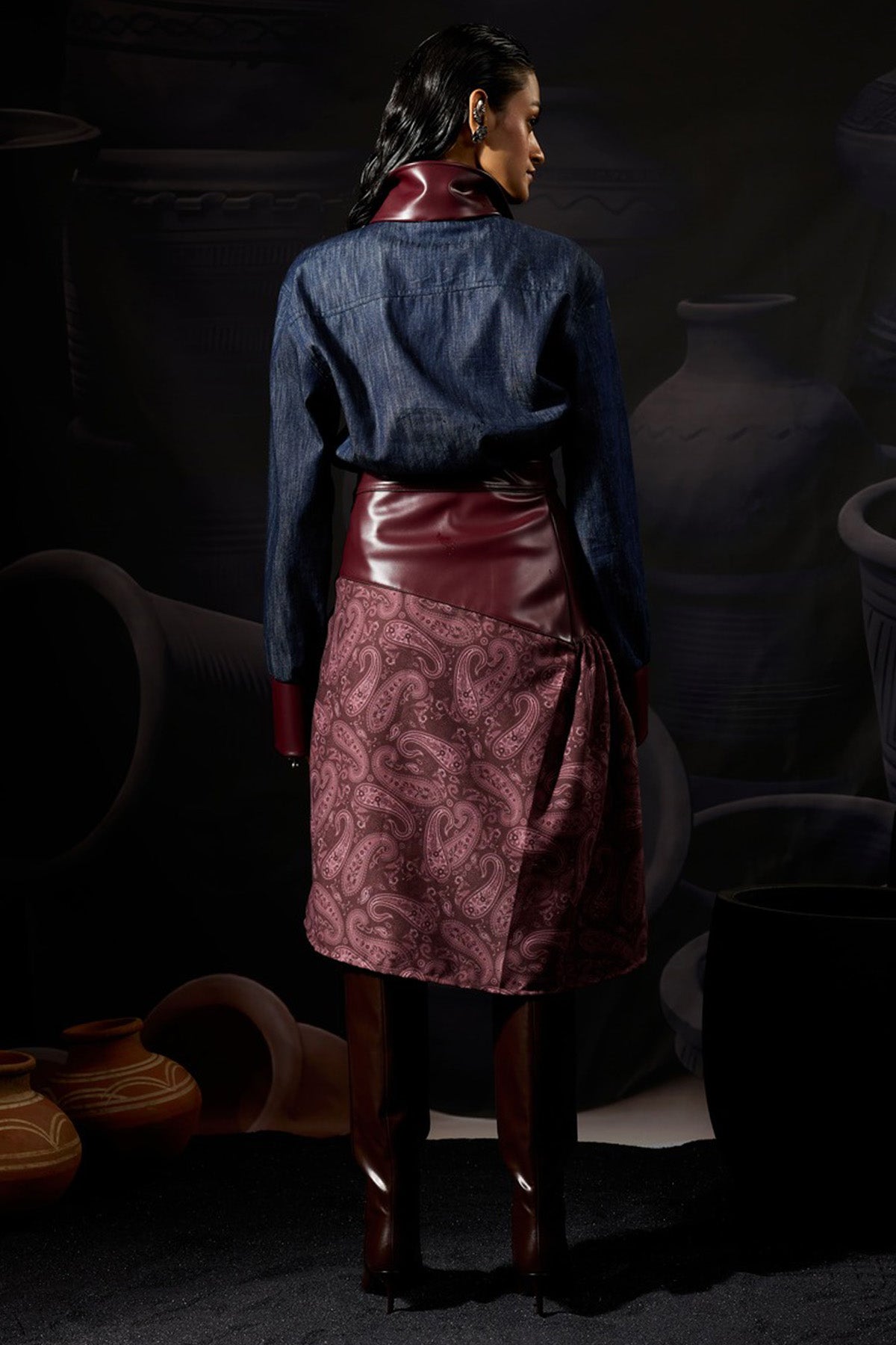Burgundy Asymmetric Print Skirt