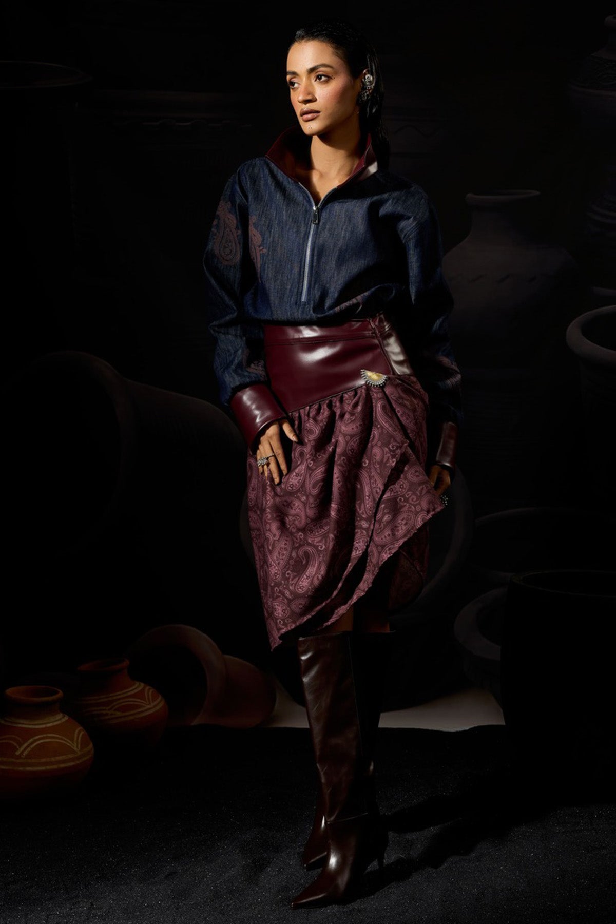 Burgundy Asymmetric Print Skirt