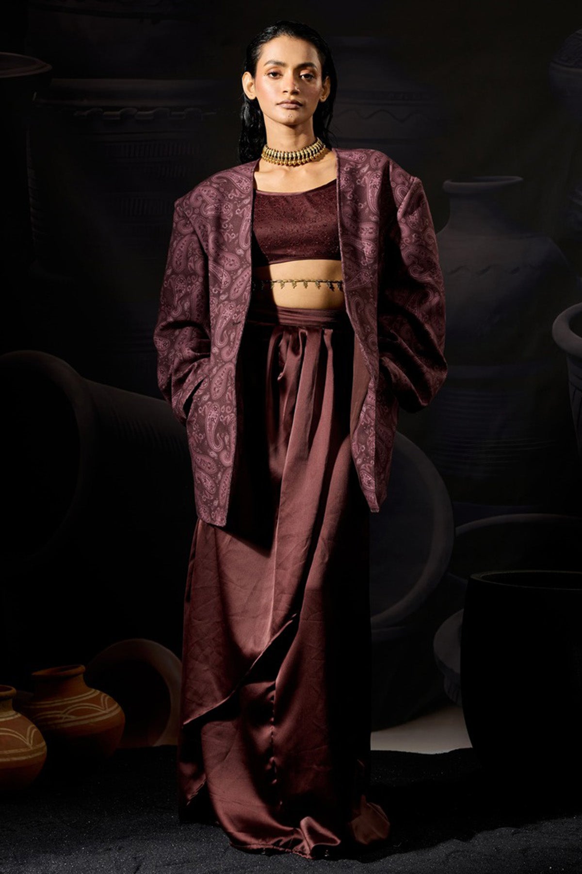 Buy Burgundy Modal Satin Soft Skirt for women by ADK online available at scrollnshops