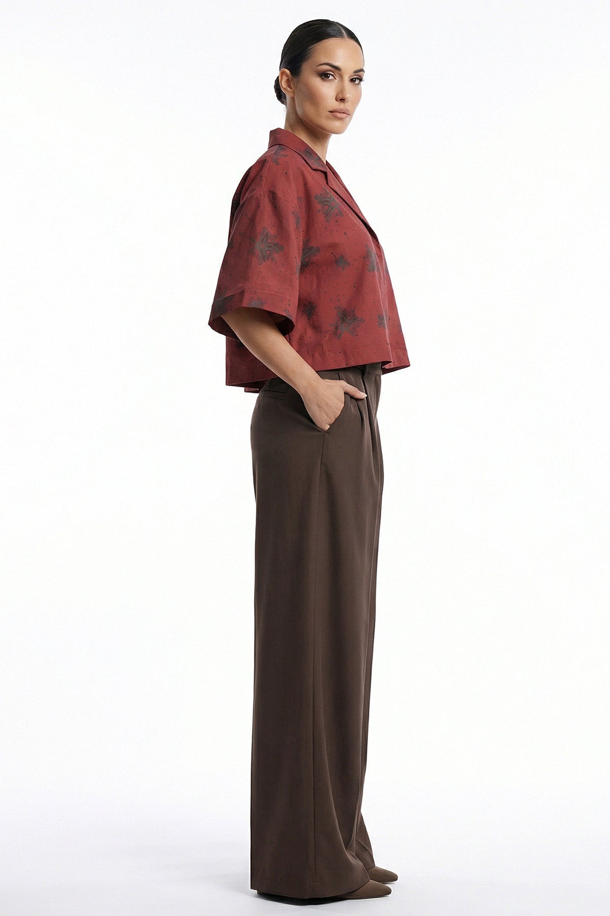Burgundy Open Collar Crop Shirt