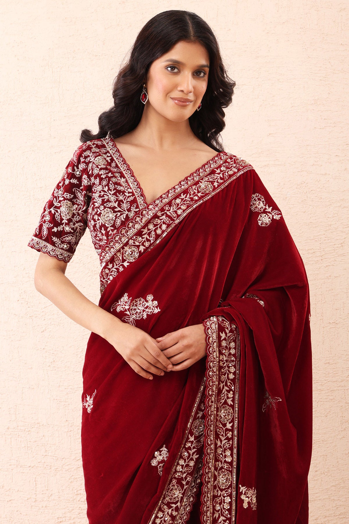 Burgundy Pre Stitched Saree Set