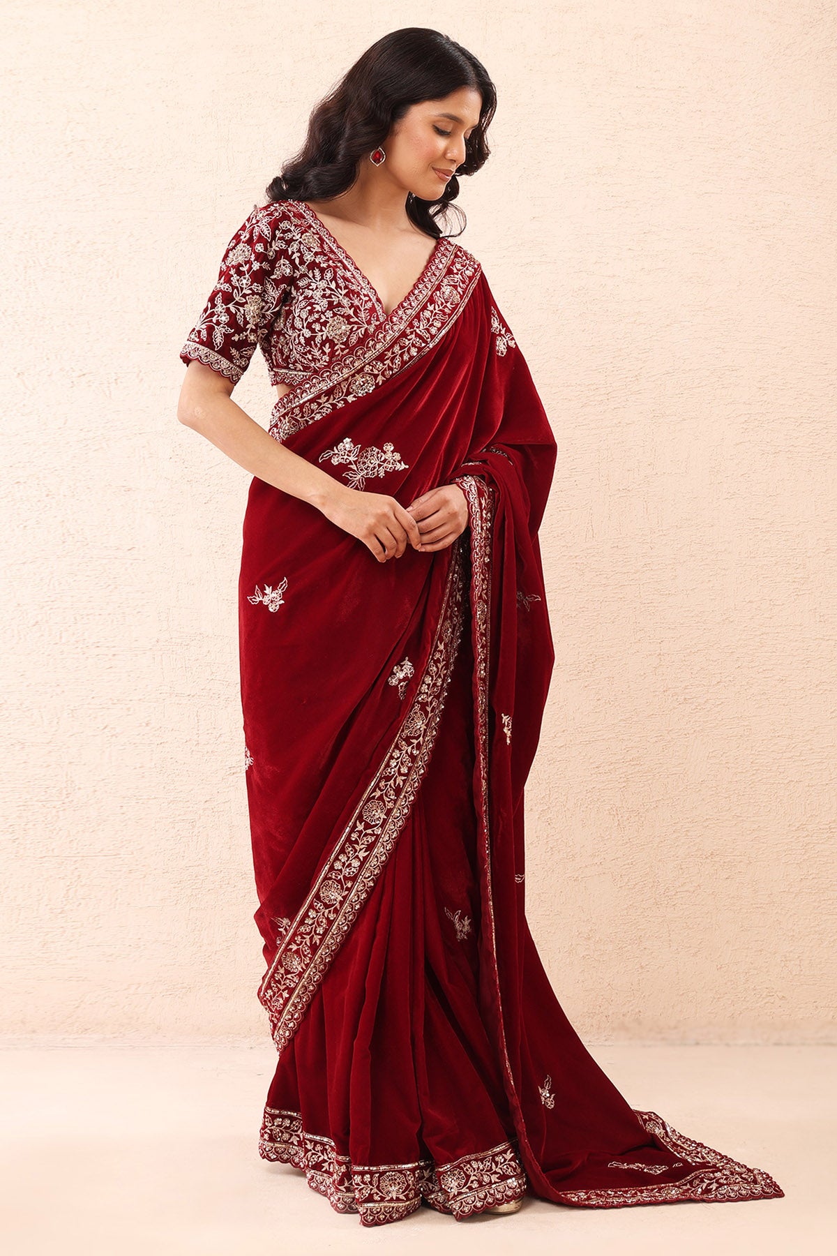 Burgundy Pre Stitched Saree Set
