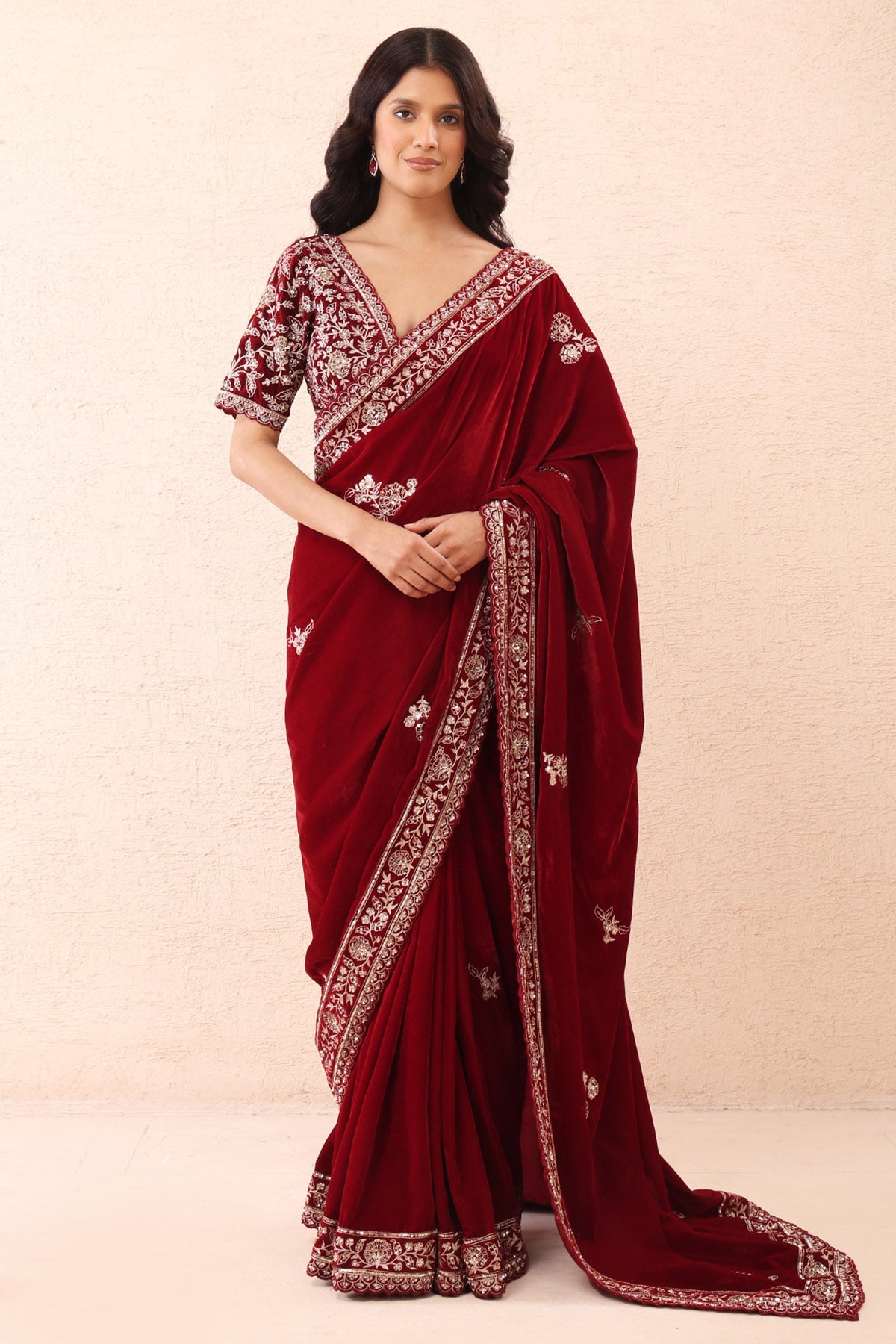 Buy Burgundy Pre Stitched Saree Set for women by Priyanka Jain online available at scrollnshops