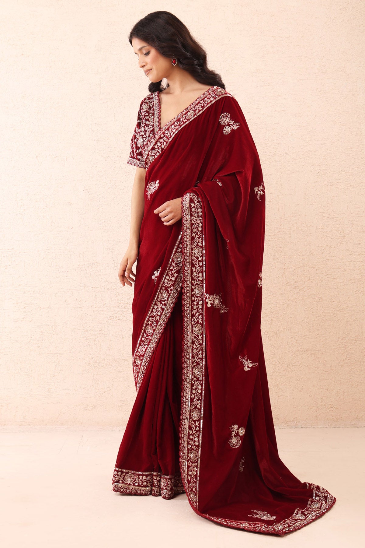 Burgundy Pre Stitched Saree Set