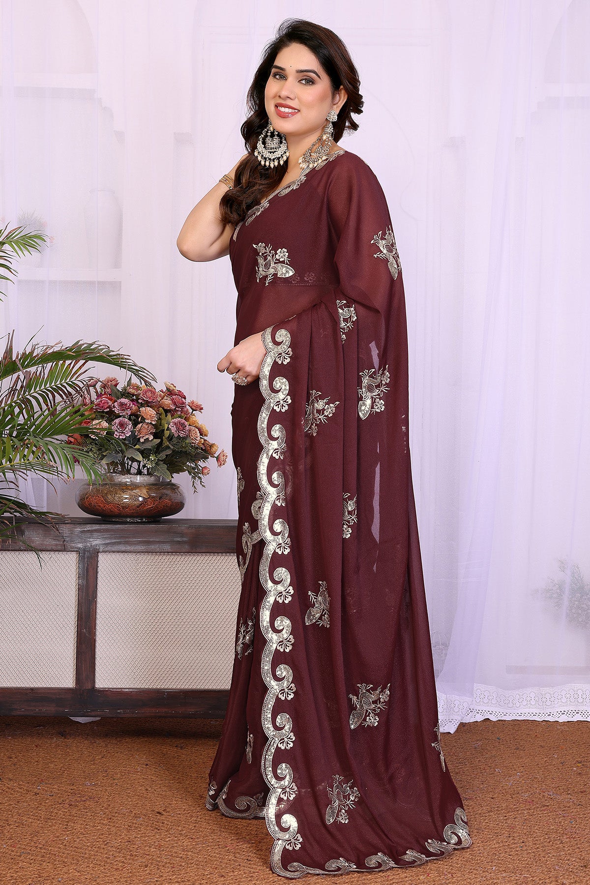 Burgundy Star Georgette Saree