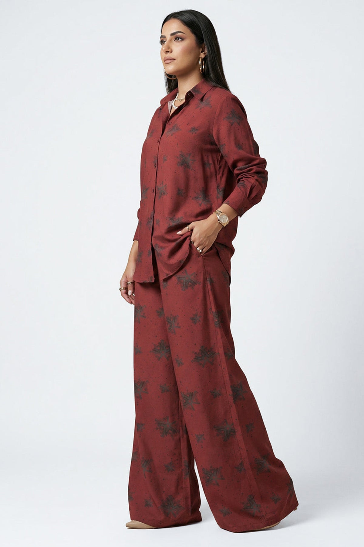 Burgundy Viscose Wide Leg Pant