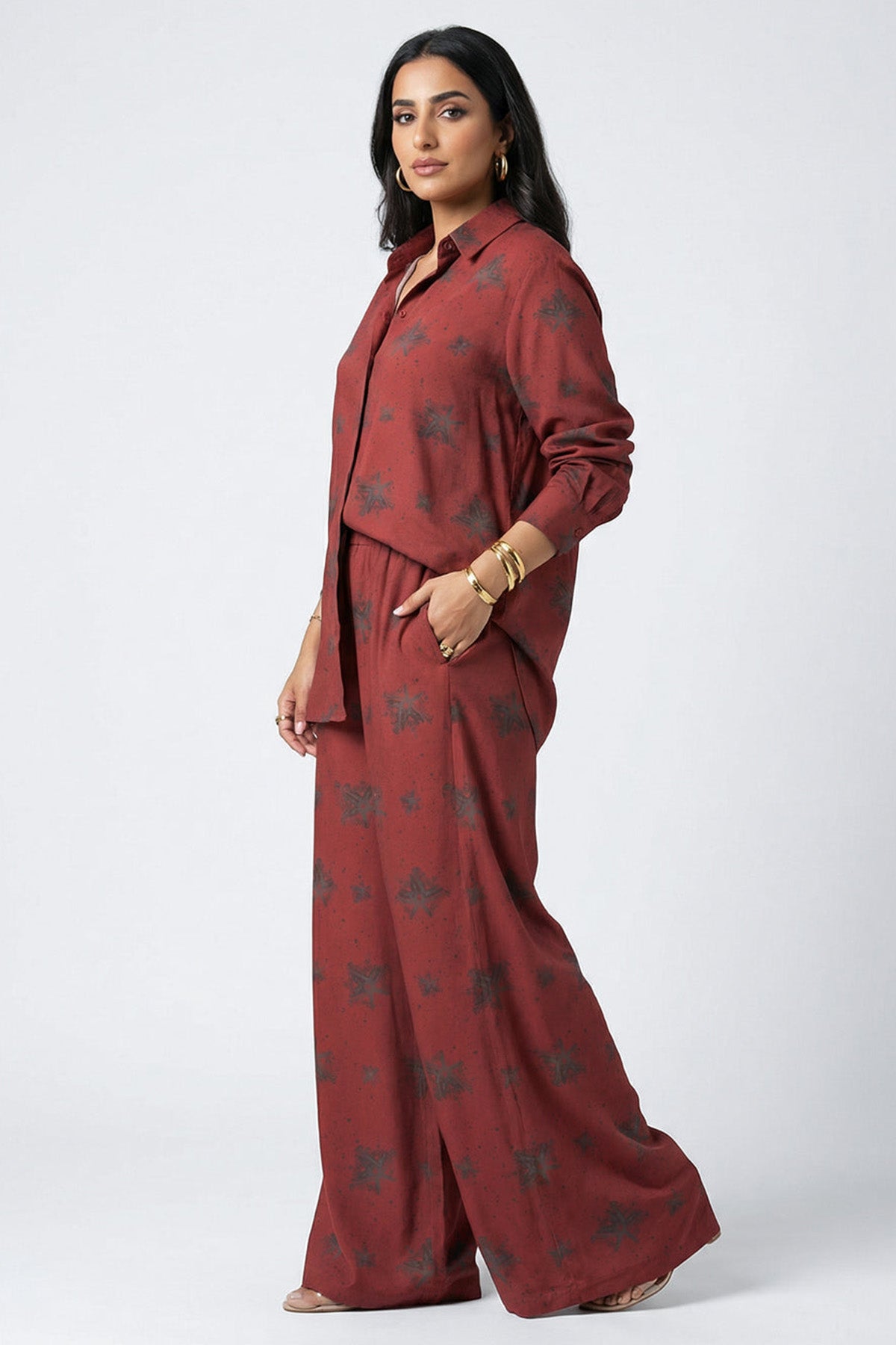 Burgundy Viscose Wide Leg Pant