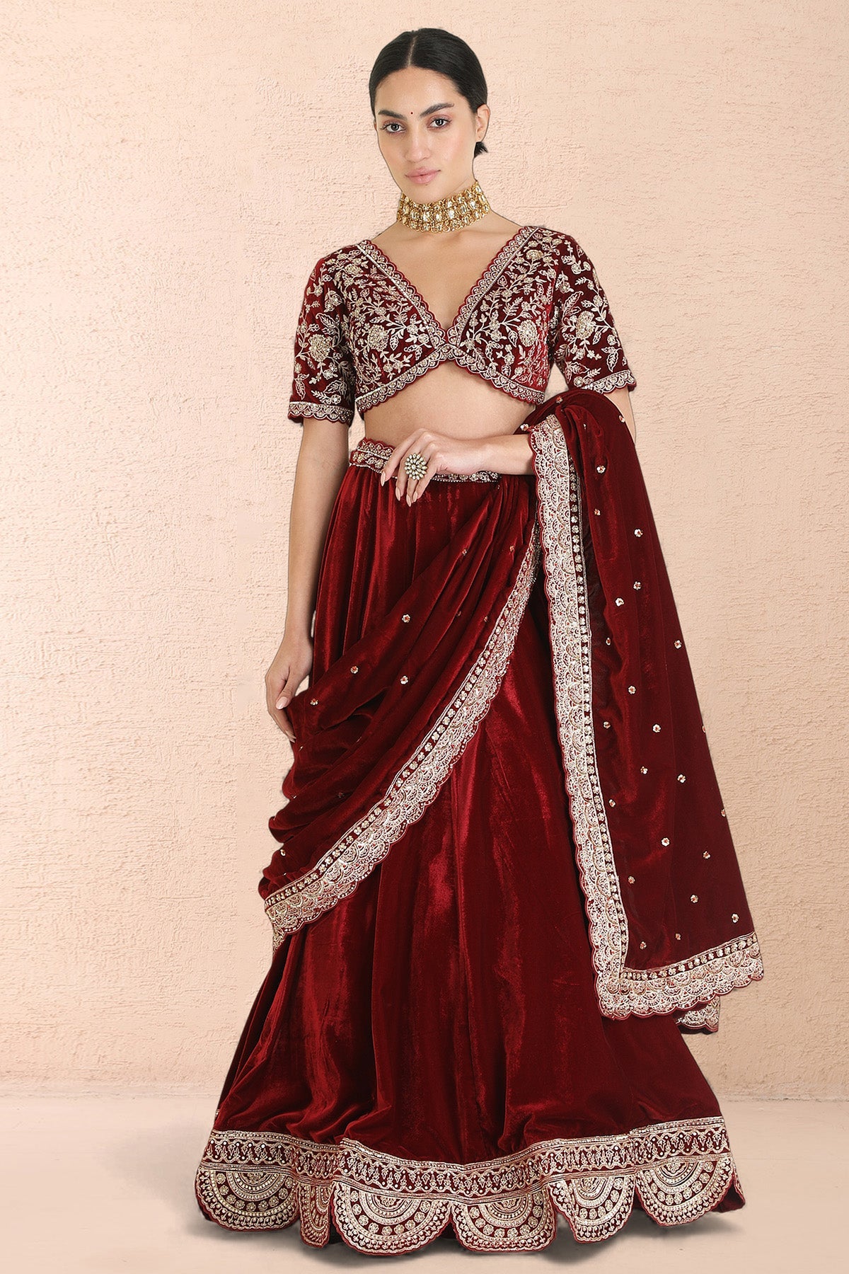 Buy Burgundy Zari Work Lehenga Set for women by Priyanka Jain online available at scrollnshops