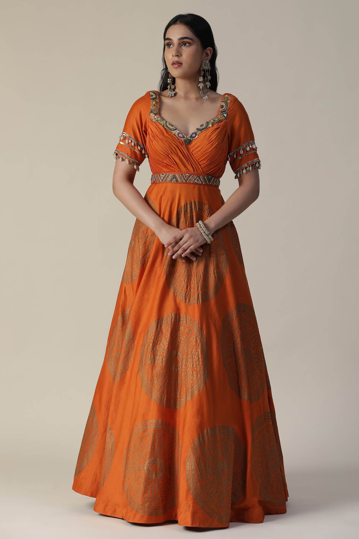 Burnt Orange Foil Print Gown