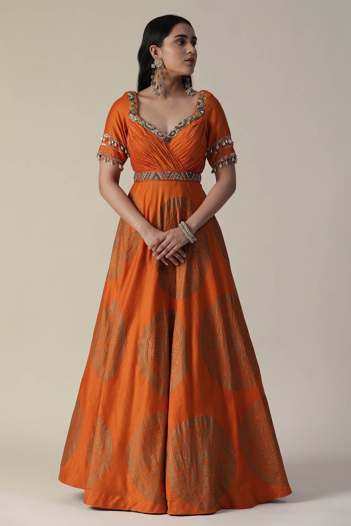 Burnt Orange Foil Print Gown