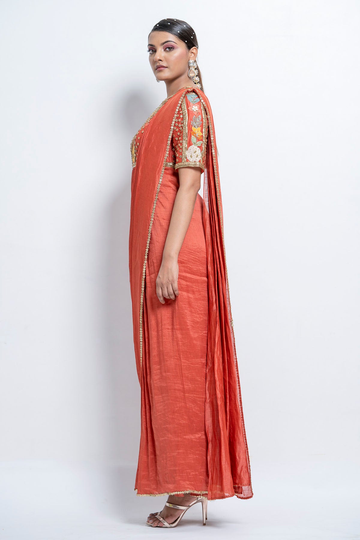 Burnt Orange Silk Saree Gown