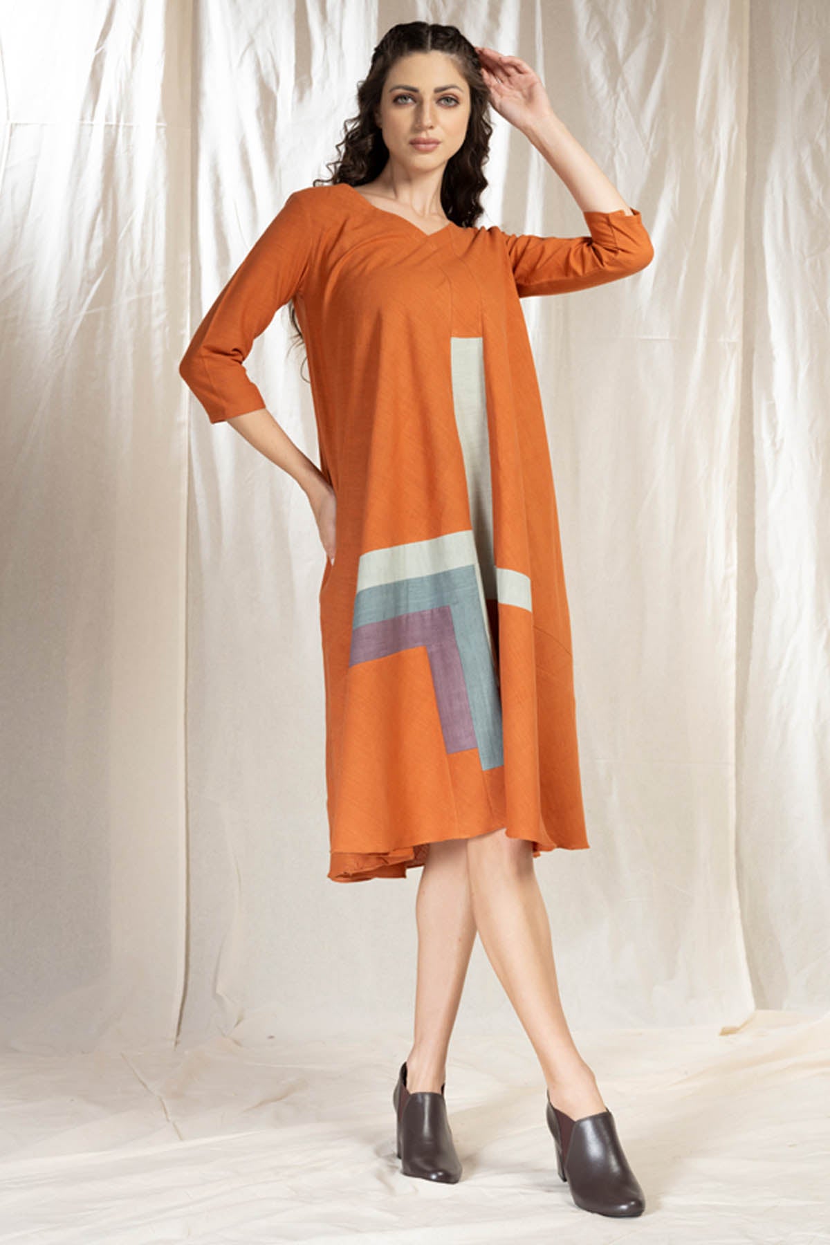 Burnt Orange Applique Work Dress