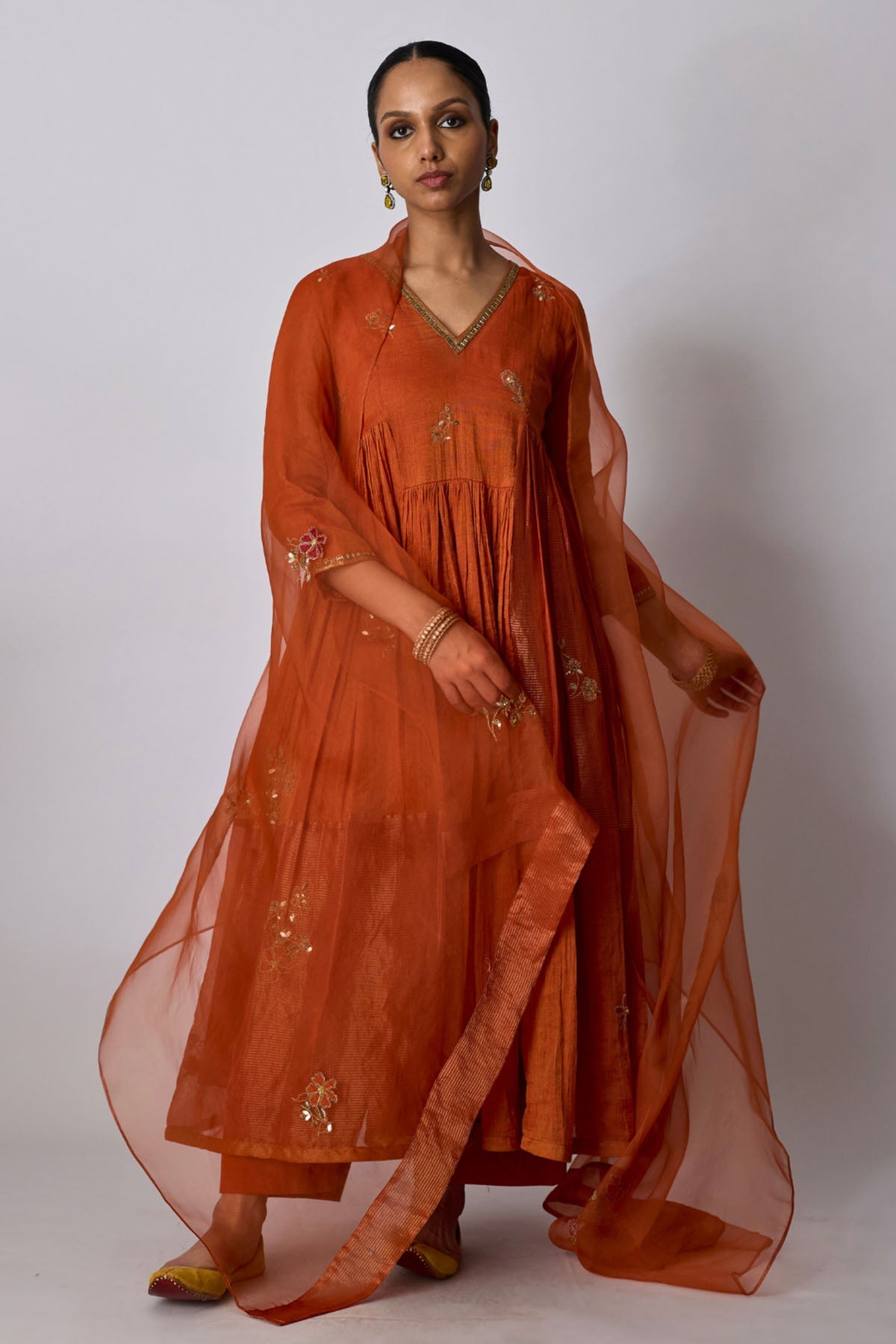 Buy Burnt Orange Gathered Kurta Set for women by Rhua India online available at scrollnshops