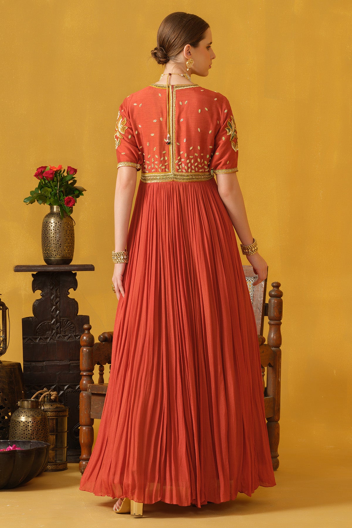 Burnt Orange Sequins Pipes Gown