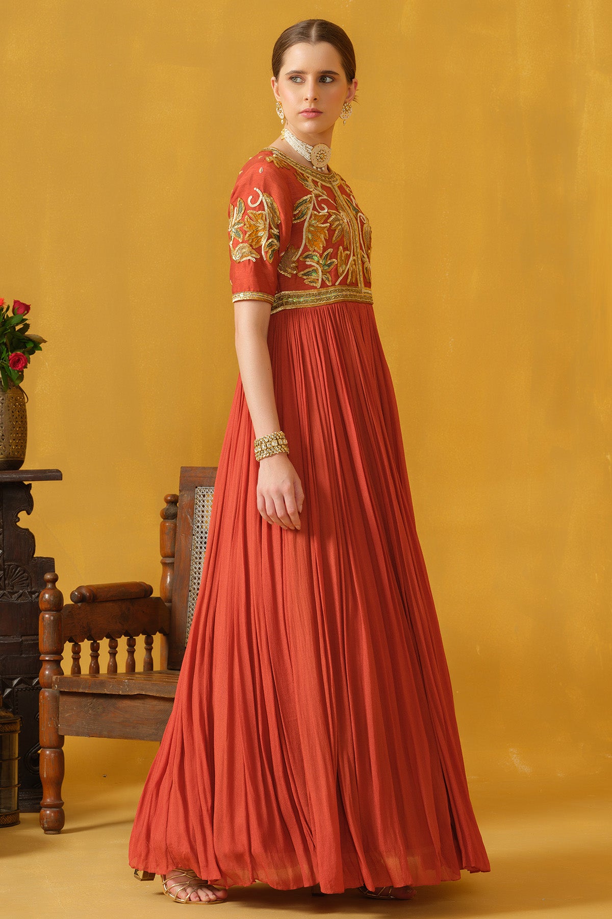 Burnt Orange Sequins Pipes Gown