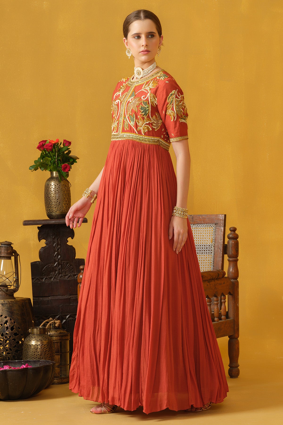 Burnt Orange Sequins Pipes Gown