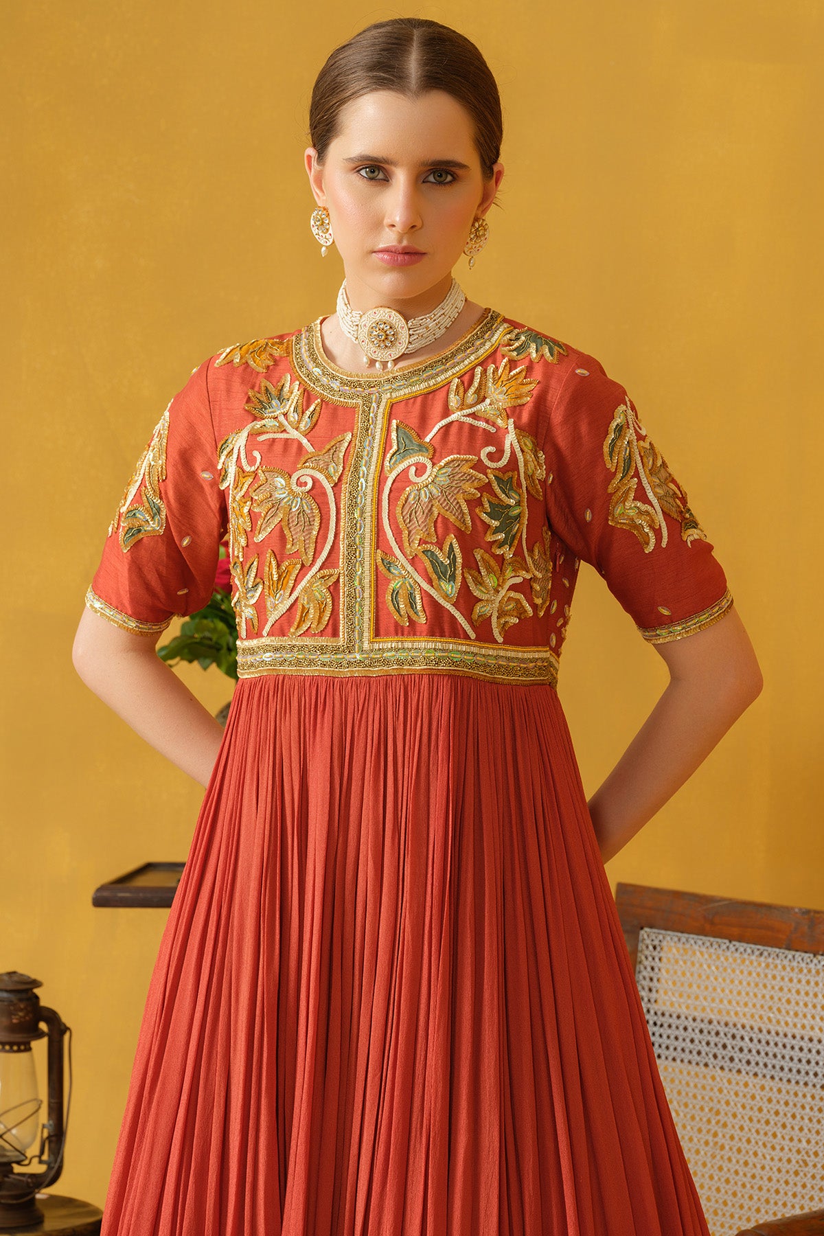 Burnt Orange Sequins Pipes Gown