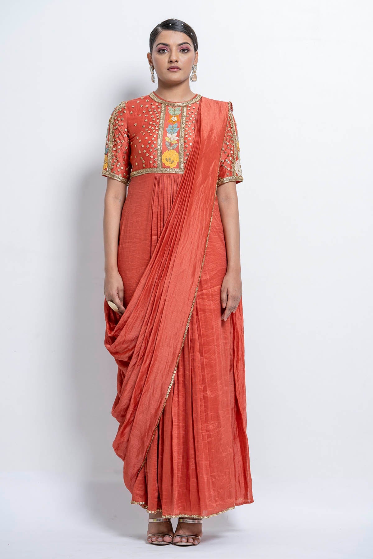 Burnt Orange Silk Saree Gown at ScrollnShops