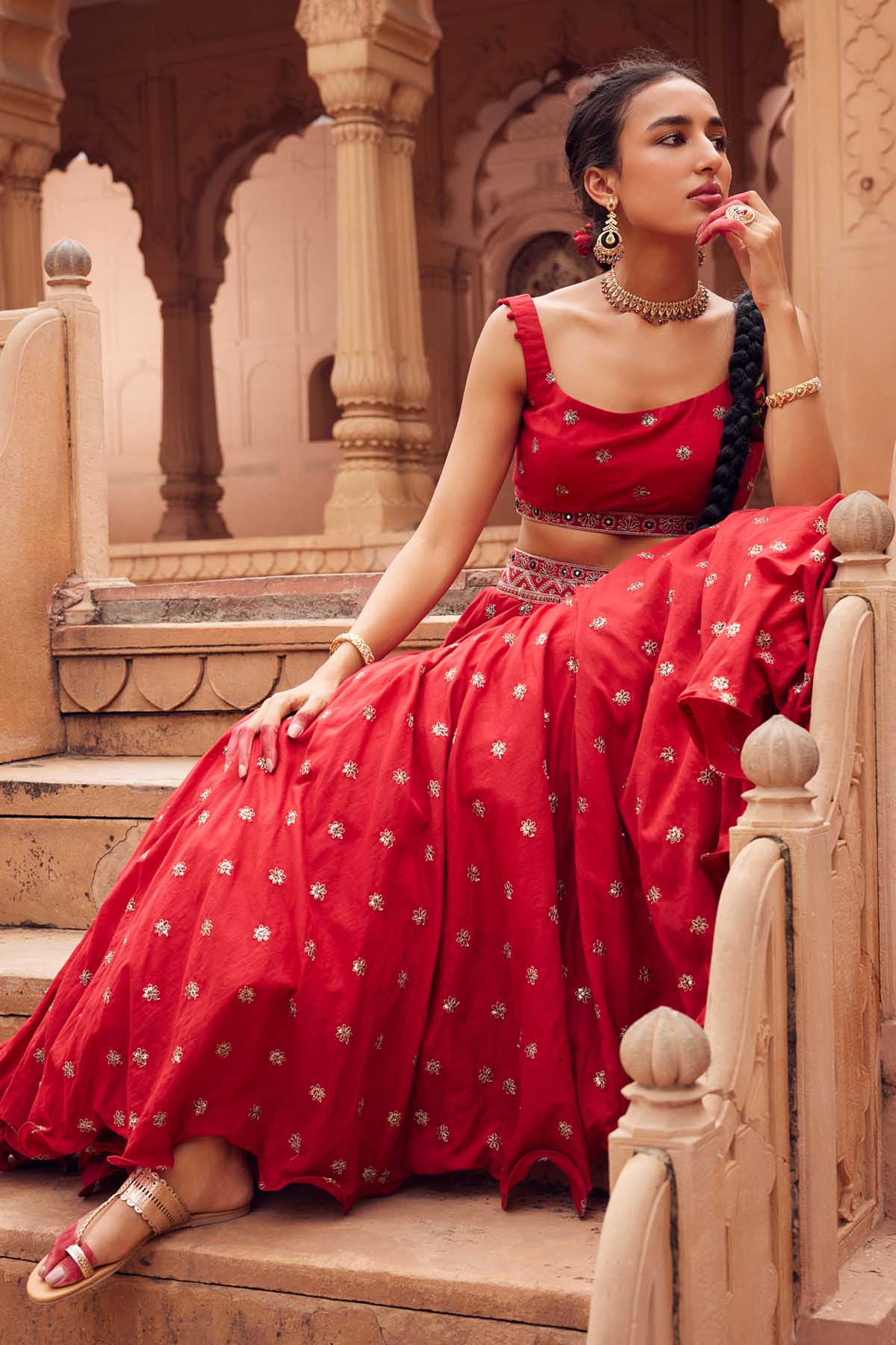 Red Buttis Embroidered Lehenga Set