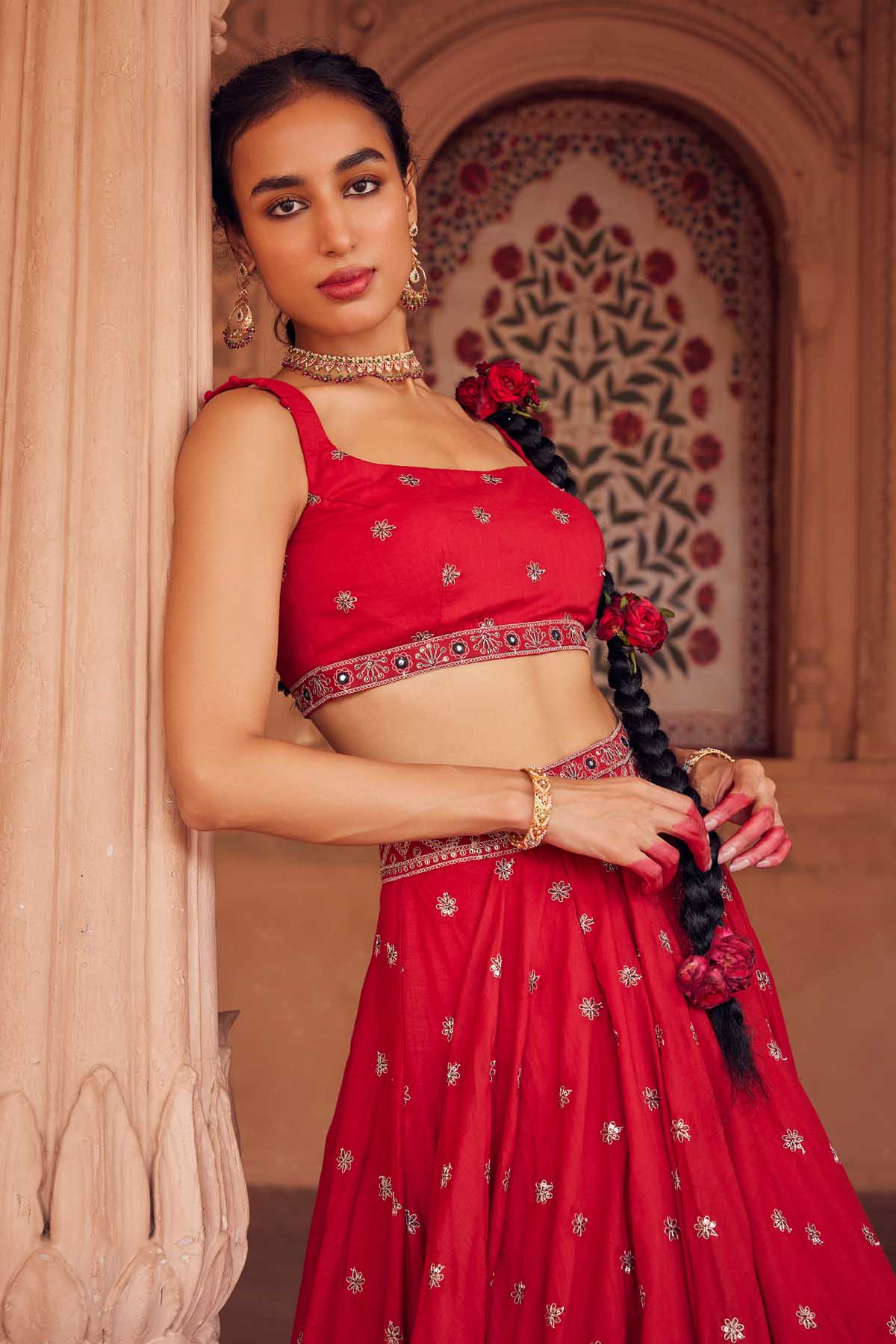Red Buttis Embroidered Lehenga Set