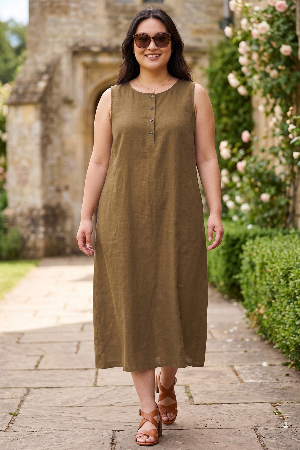 Buy Camel Linen Blend Midi Dress for women by Sneha B online available at scrollnshops