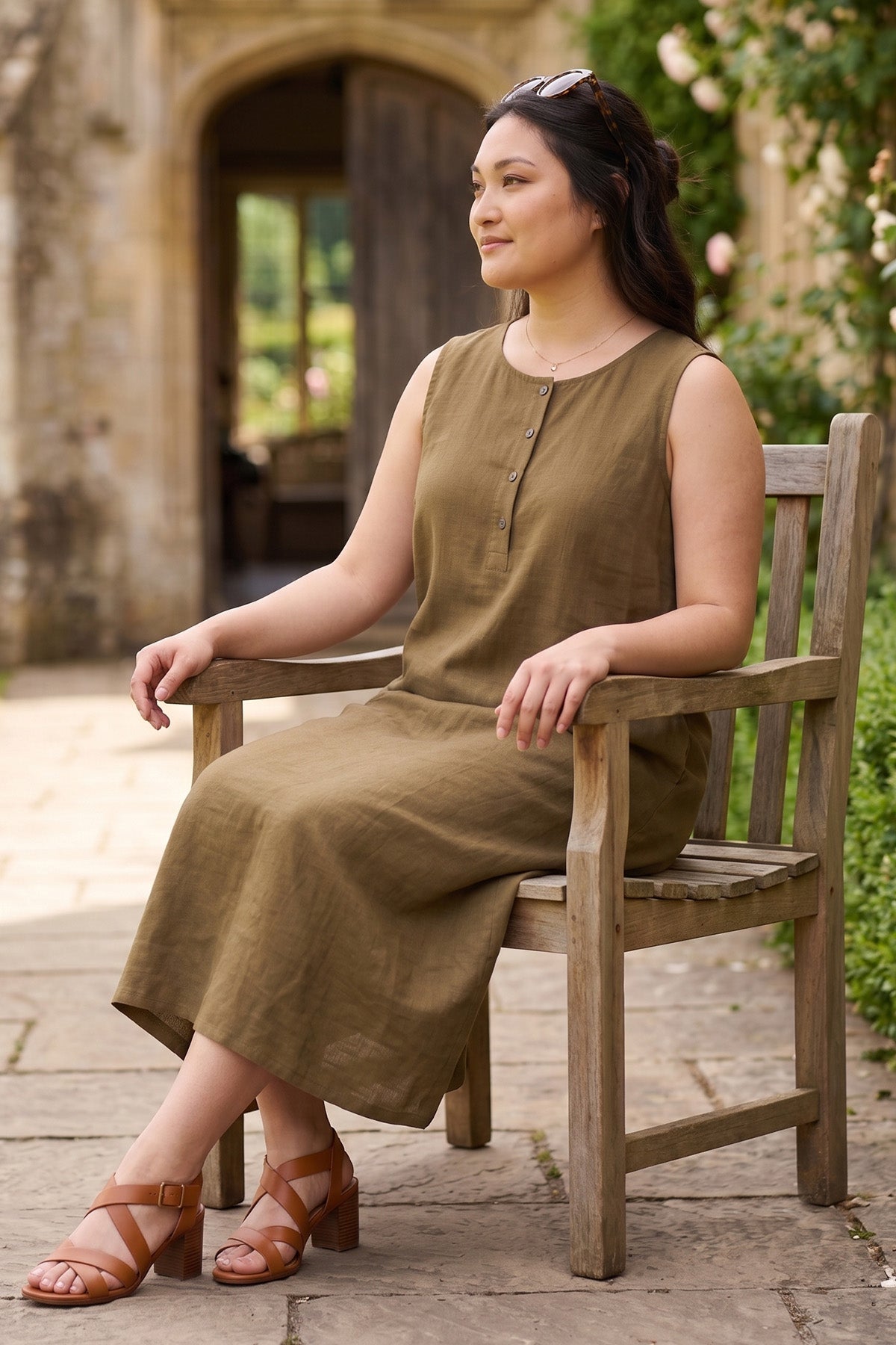 Camel Linen Blend Midi Dress