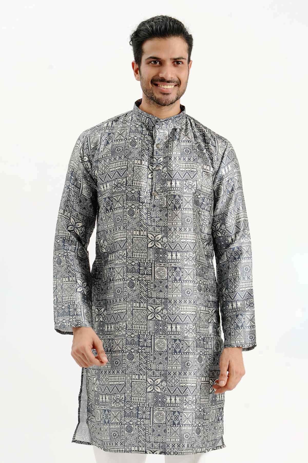 Buy Carbon Black Silk Printed Kurta for men by Aastha Fashion online available at scrollnshops