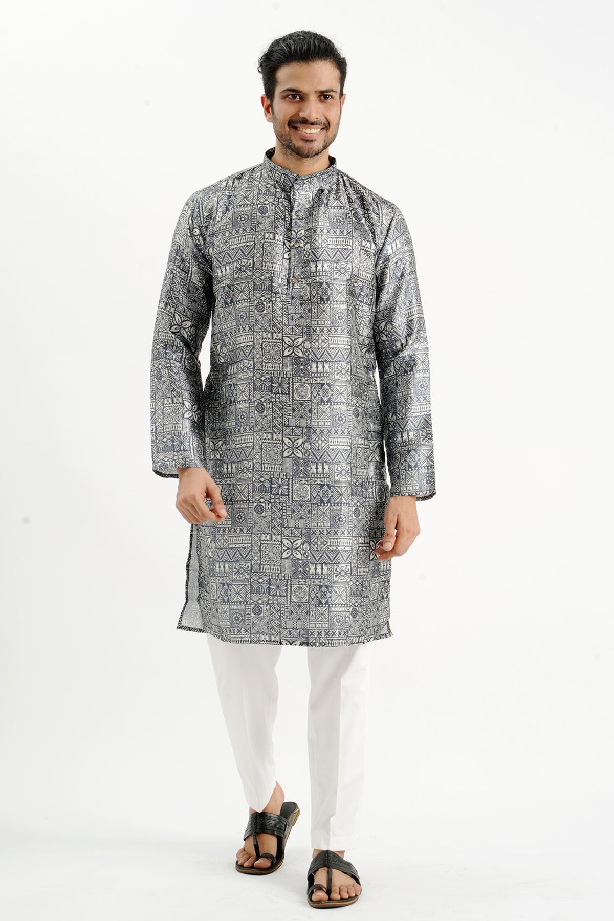 Carbon Black Silk Printed Kurta