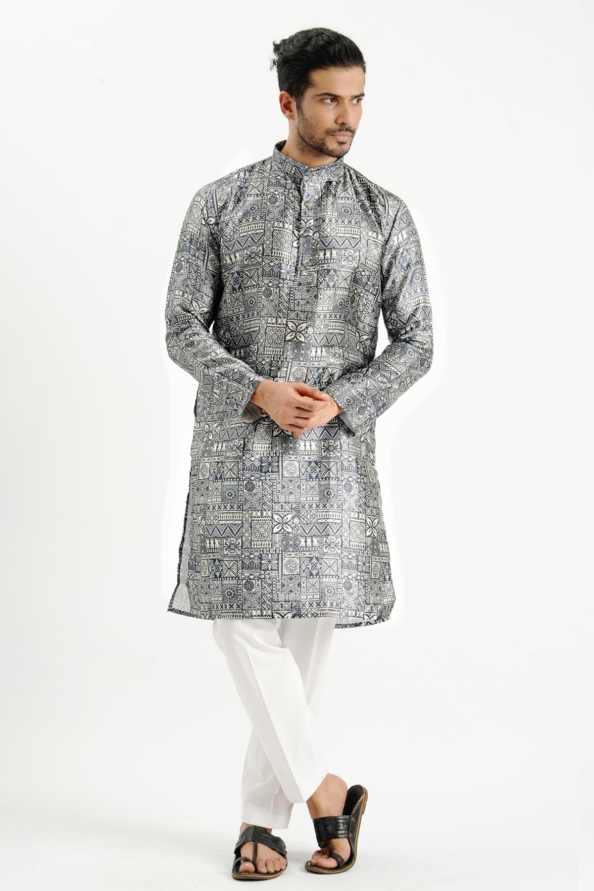 Carbon Black Silk Printed Kurta