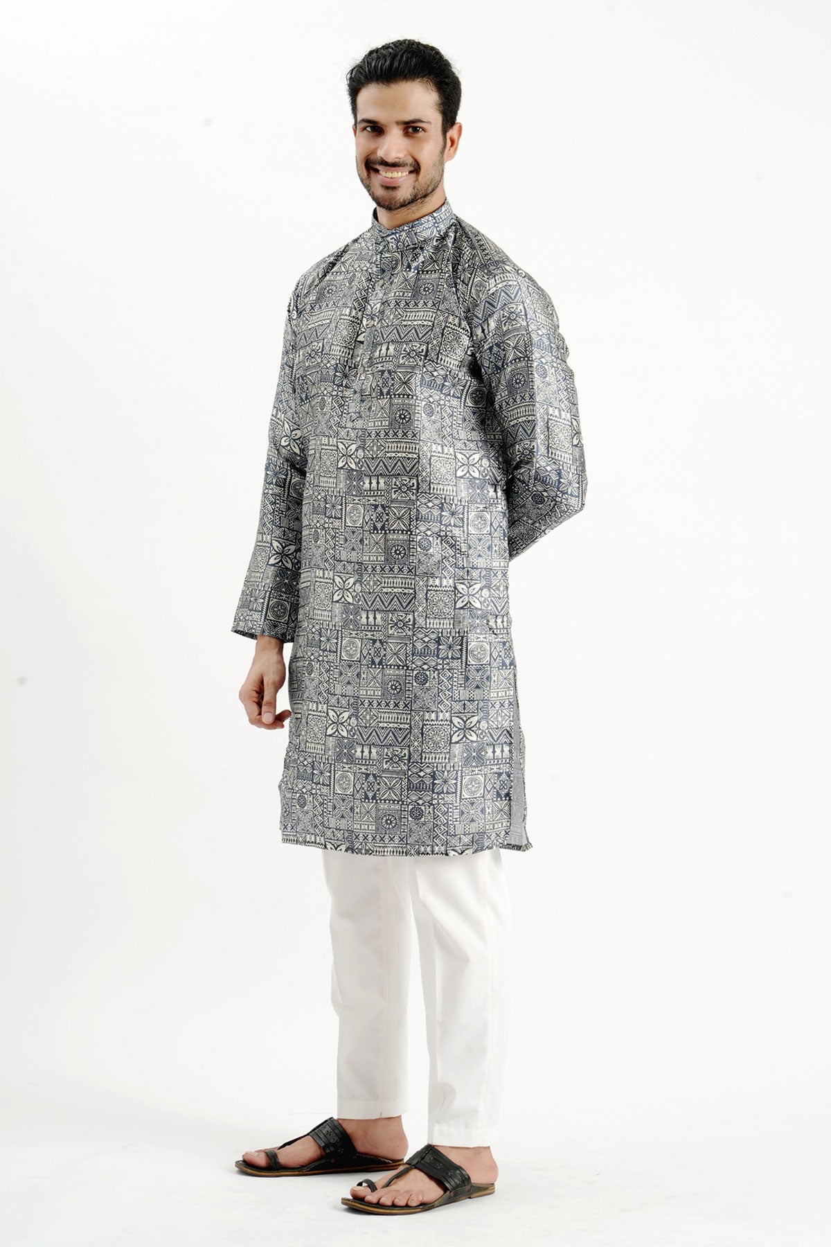 Carbon Black Silk Printed Kurta