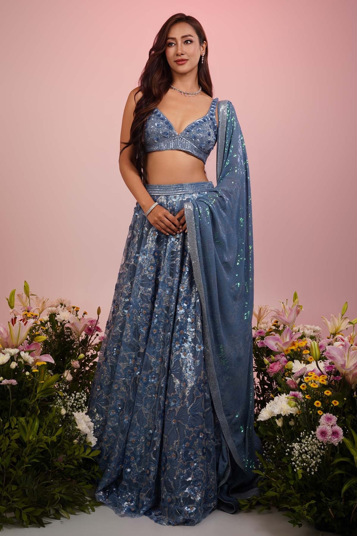 Priyanka Kar Carbon Blue Net Lehenga Set for women online at ScrollnShops