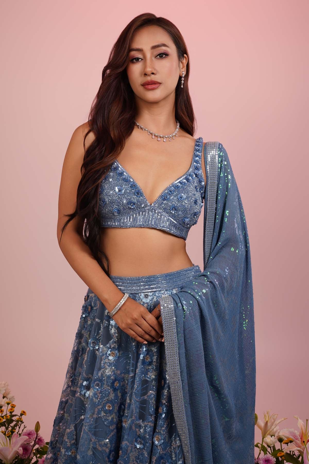 Carbon Blue Net Lehenga Set
